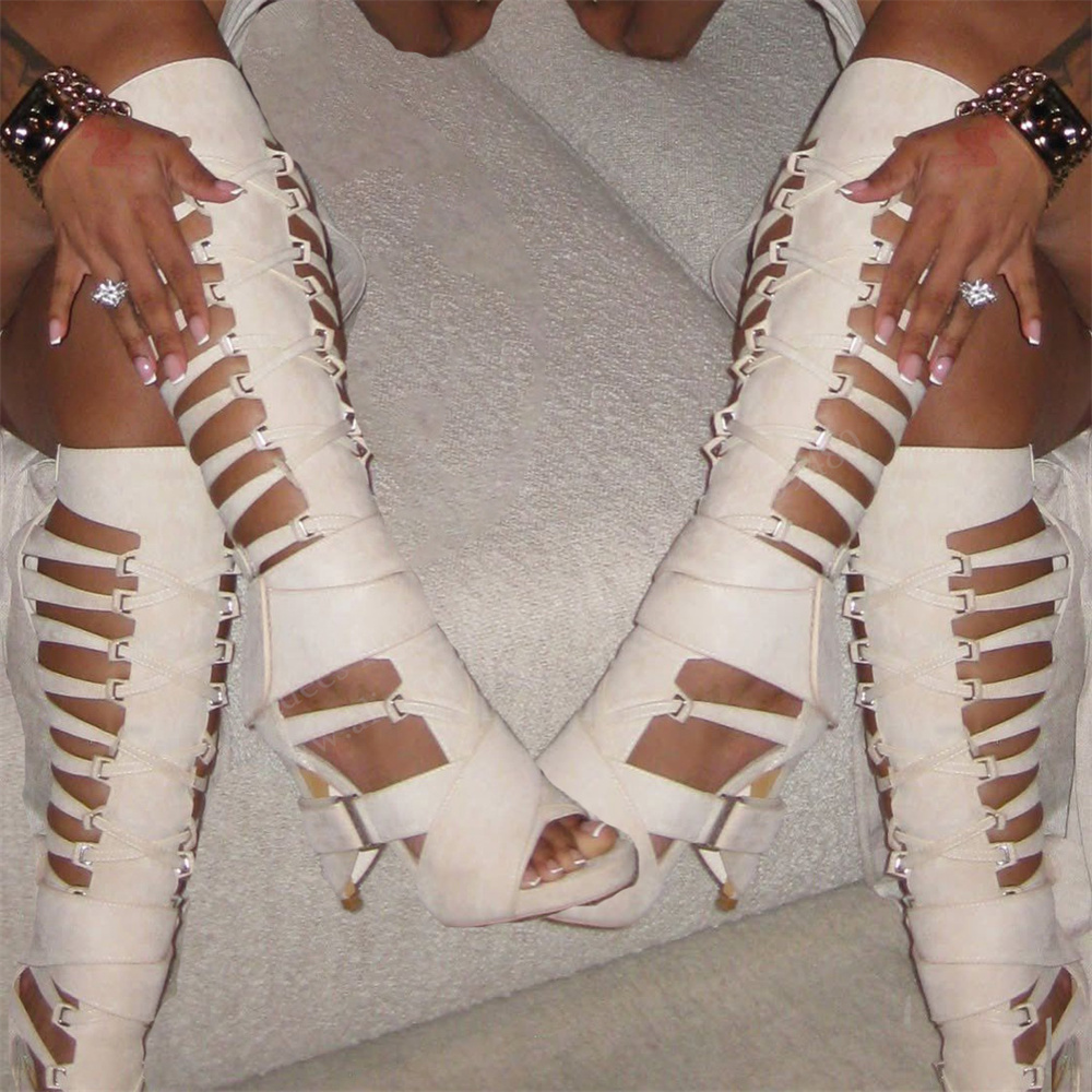 Knee High Boots Women - Gladiatorowe kozaki za kolano z paskami
