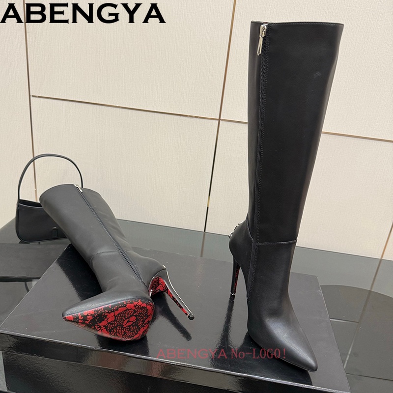 Knee High Boots Women - Seksowne czarne skórzane kozaki za kolano